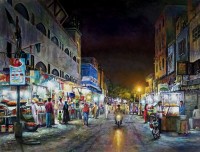 Hanif Shahzad, Commercial Area, Tariq Road - Karachi, 21 x 28 Inch, Oil on Canvas,  Landscape Painting, AC-HNS-118